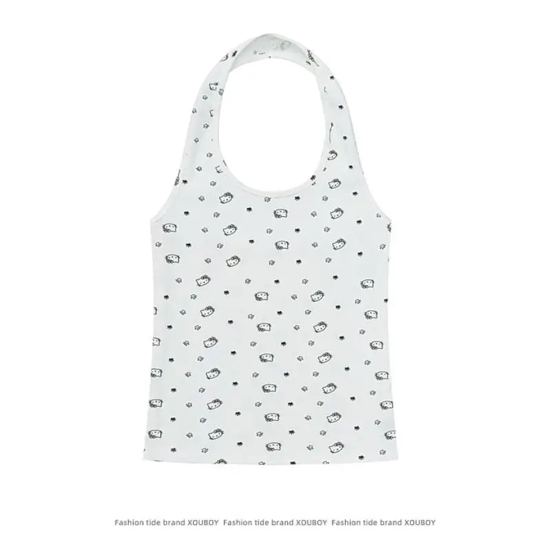 Tank Tops Halter Neck Long Sleeve T-Shirt Hello Kitty Women's Spring Summer Sanrio New Hot Girl Blouse Two-Piece Top Sweet Style view 6