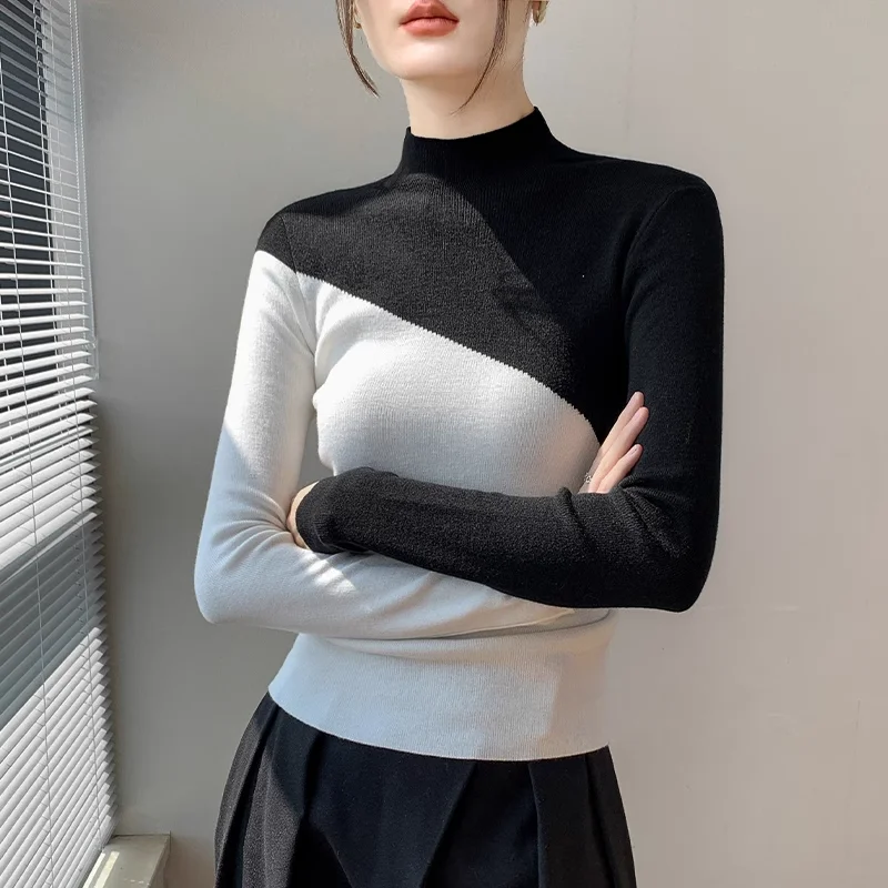 Summer Office Lady Retro Korean Style Loose Casual Sweater Elegant Fashion Knitting Solid Splicing Turtleneck Long Sleeve Tops