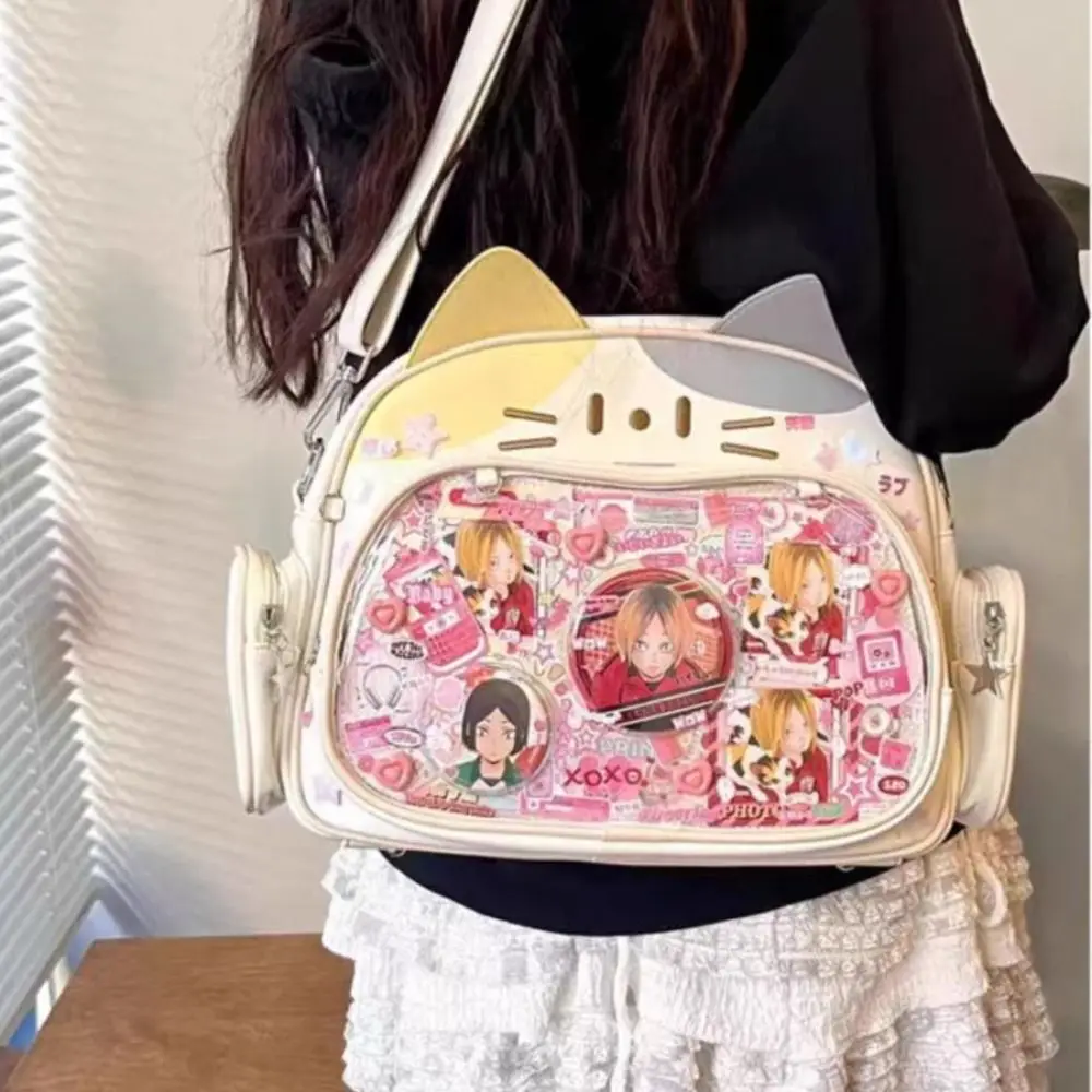 Saco de zíper kawaii gato itabag pu ídolo mercadorias armazenamento bolso transparente saco de armazenamento de algodão boneca moda mochilas menina