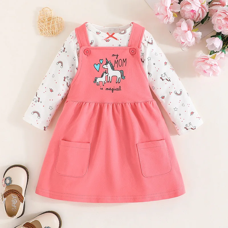 

2023 Winter Children Sets Long Sleeve O Neck Print Unicon Pink 2 Pcs Roupa Infantil Menina Clothes Sets 0-2T