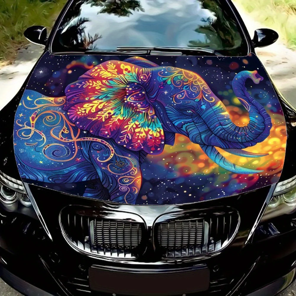 

Psychedelic elephant car hood sticker, vinyl decal with a graphic full of fantasy colors.