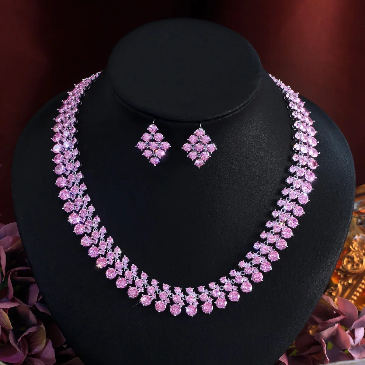 

CWWZircons Luxury Shiny Pink Round Cubic Zircon Bridal Wedding Necklace 2pcs Sets for Women Nigerian African Party Jewelry T1004