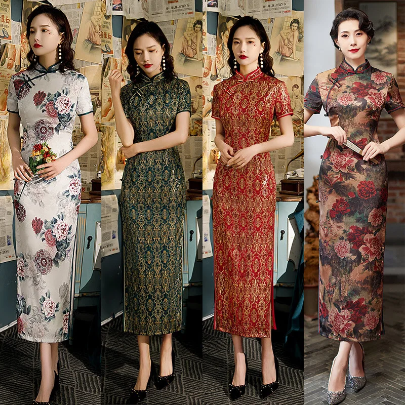 Summer 2025 Wide-Brimmed Eight-Button Retro Stand-Up Collar Long Cheongsam Dress for Women Daily Improved Female Fashion