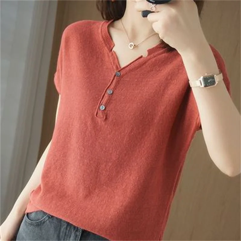 Summer 100% Cotton T-shirt Women Clothing Korean Style V-neck Short Sleeve T-shirts Woman Solid Casual Basic Shirt Lady Tops