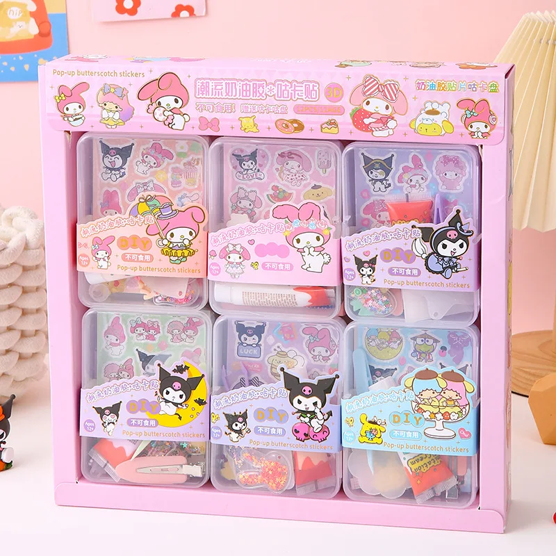 Sanrio Set stiker Kawaii Mymelody Kuromi Cinnamoroll Gel krim kartun Korea Diy aksesoris bahan penjepit rambut Ledger tangan