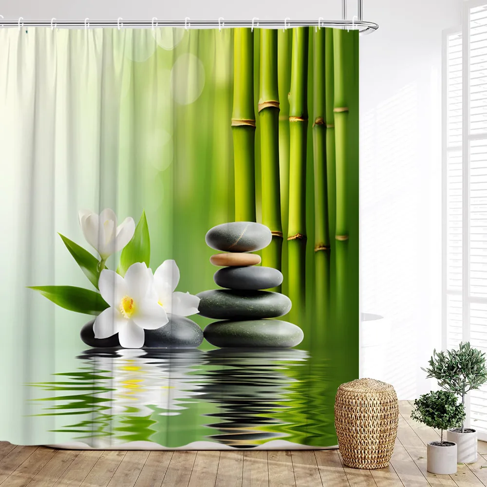 Zen Shower Curtain, Green Bamboo Purple Orchid Stone Lotus Scenery Polyester Printed Fabric Home Bathroom Decoration with Hooks