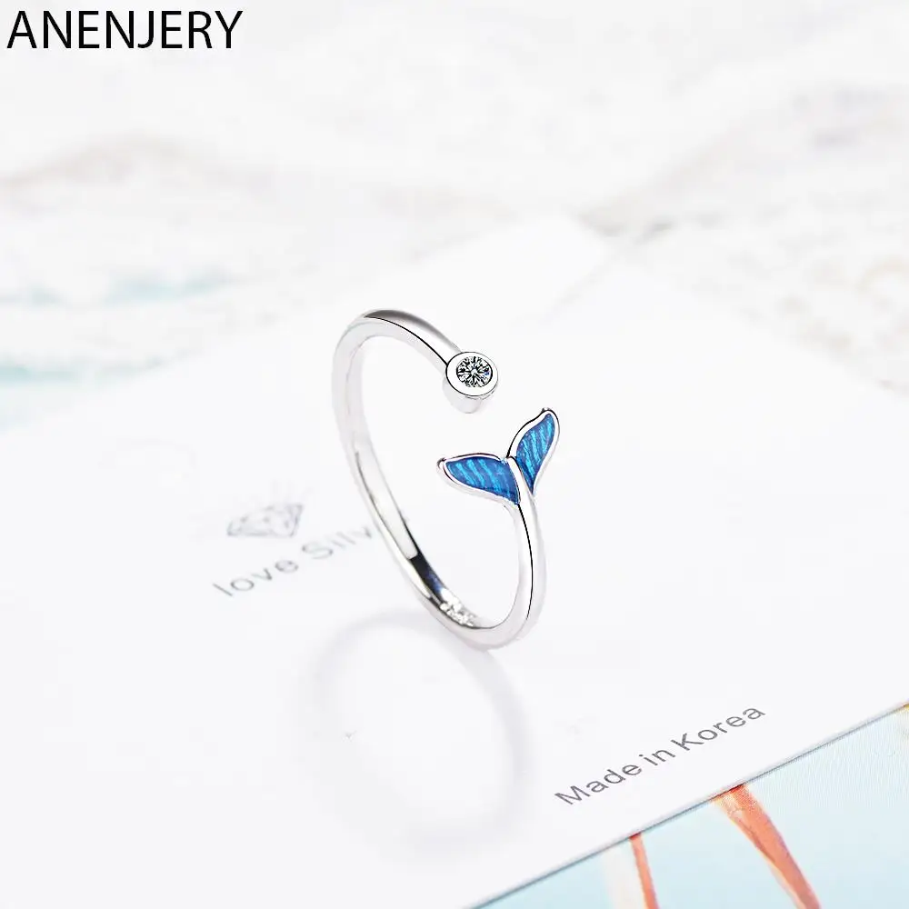 ANENJERY Trendy Silver Color Blue Mermaid Tail Cuff Ring With Cubic Zirco Sea Whale Fish Tail Bague Rings Romantic Gifts S-R388