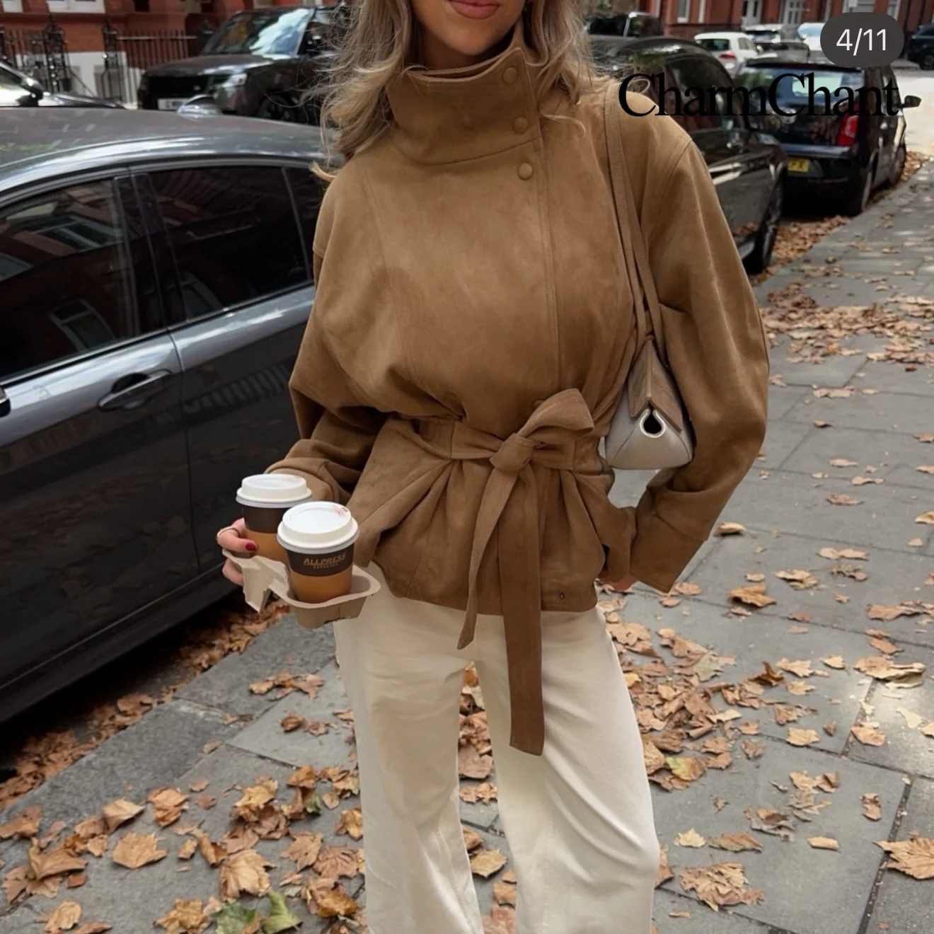 CHARMCHANT Women's Suede Belted Jacket High Stand Collar Long Sleeve Waist Tie Outerwear Coat Street Commute Autumn Winter 2026