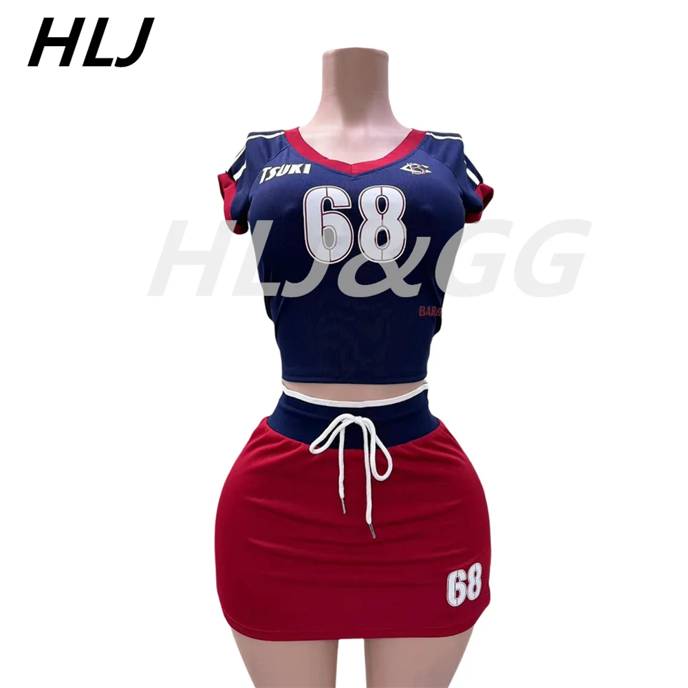 HLJ Fashion Y2K Letter Print Pleated Mini Skirts Two Piece Sets Women V Neck Short Sleeve Crop Top And Skirts Outfits Streetwear