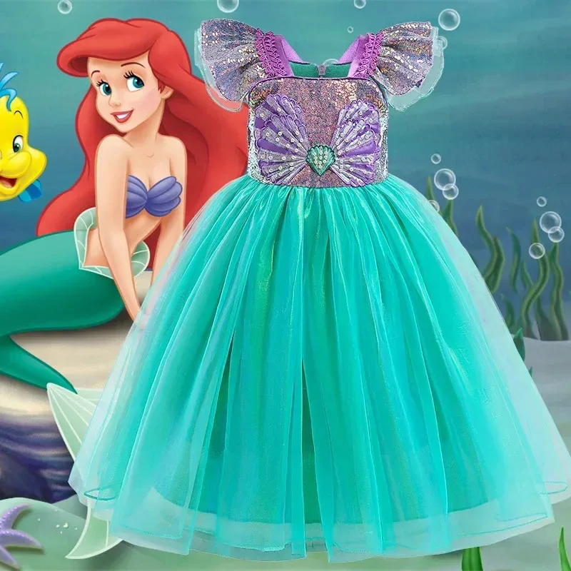 

Платье с летящими рукавами и блестками для маленьких девочек, карнавальный костюм на Хэллоуин, карнавальный костюм с узором в виде ракушки, Vetidos, вечернее платье на день рождения