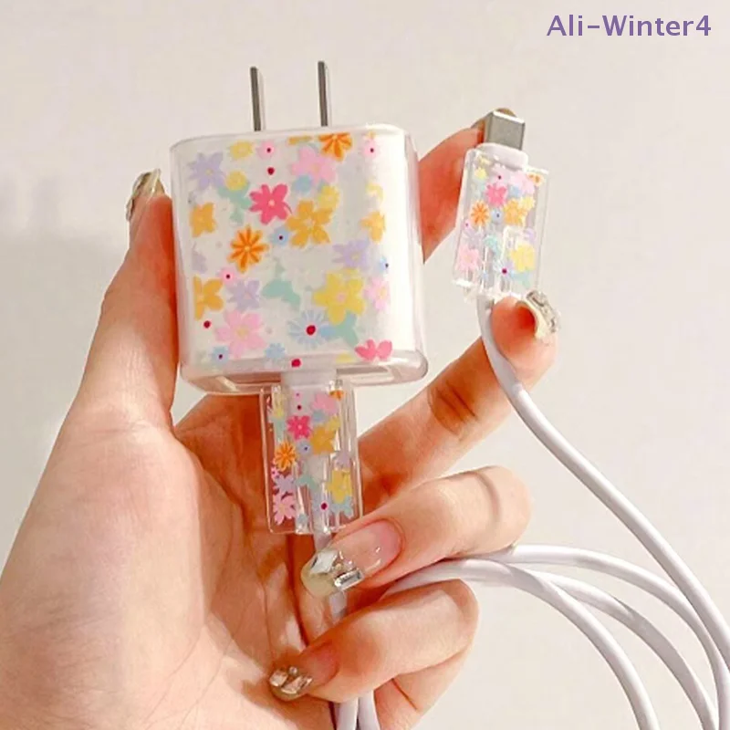 

【Winter4】Прозрачный защитный чехол с цветочным узором для зарядных устройств 18/20 Вт и защитный чехол для кабеля передачи данных 16/15/14/13 с защитой от перегибов