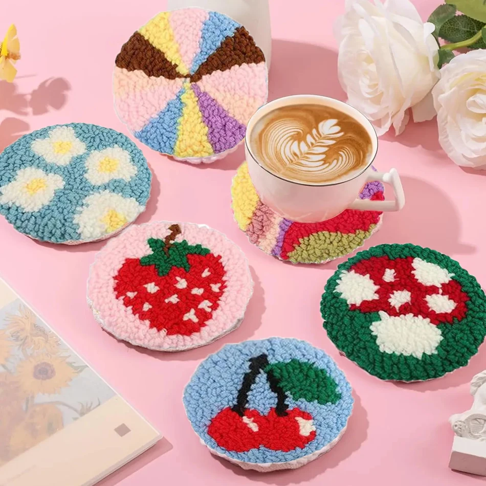 6 Pcs Smiling Face Pattern Punch Needle Embroidery Coaster Kit For Beginners Punch Needle Embroidery Gift Tufting Coasters