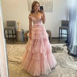 Vestido de fiesta de noche con corsé de encaje, falda escalonada con volantes, cenicienta en rosa, hombros descubiertos, vestido de baile de tul, vestidos de graduación