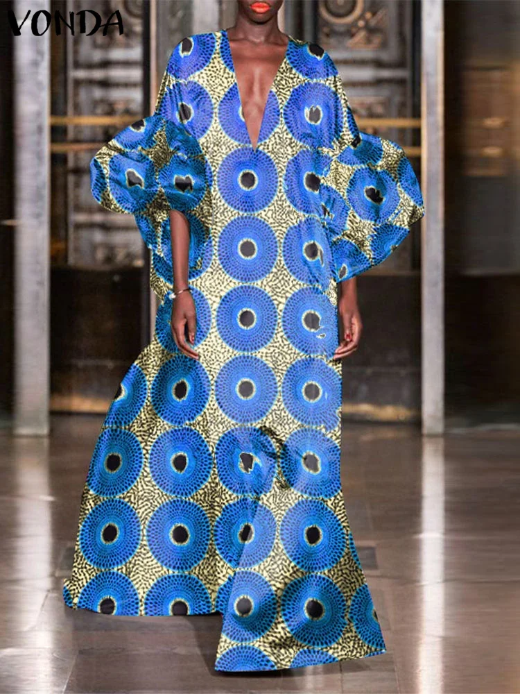 플러스 사이즈 5XL VONDA 여성 보헤미안 맥시 롱 드레스 2025 Eleagnt 프린트 Sundress v 넥 캐주얼 가운 3/4 랜턴 슬리브 베스 티드