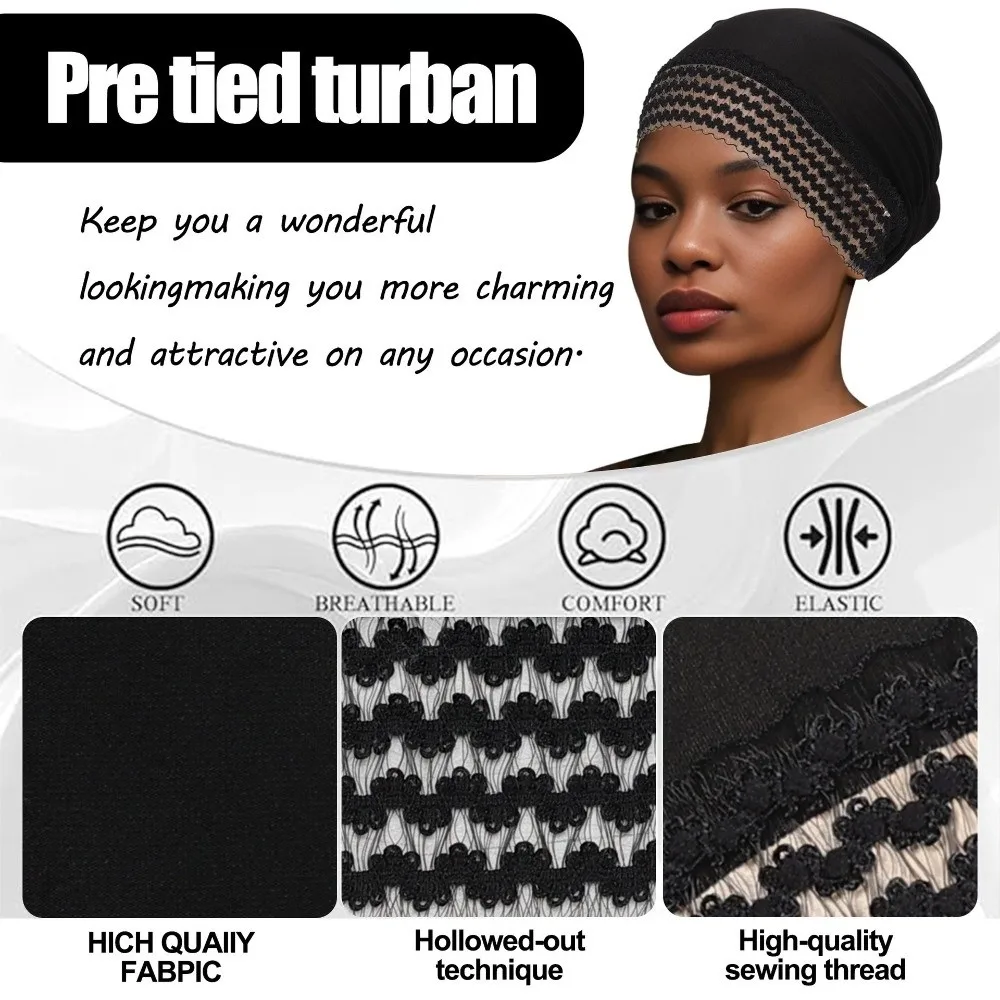 2PCS Women Hollow Lace Head Scarf Hat Breathable Elastic Pre Tied Hijab Lightweight Comfortable Soft Head Wrap Sleep Bonnet