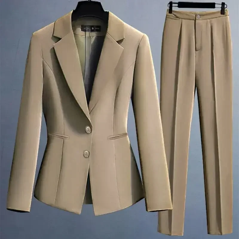 Professional Womens 2 Pant Sets Trouser Suit Baggy Khaki Business Wear To Work Two Piece Set Pants for Women Blazer and Outfit D