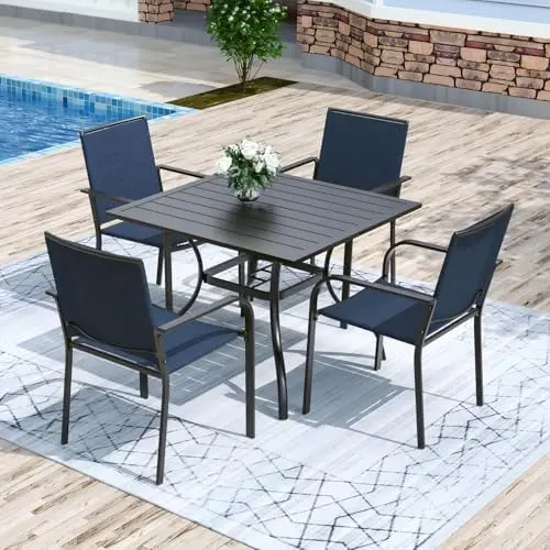 5 Pieces Patio Dining Set, Outdoor Furniture Set Includes 1 Square Patio Table and 4 Stackable Patio Chairs, Outdoor