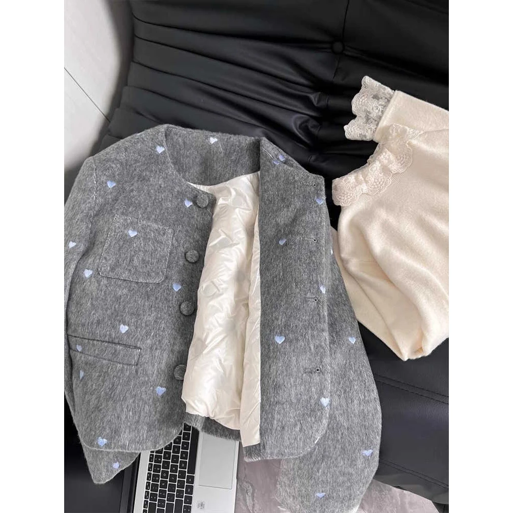 

Женское серое роскошное шерстяное пальто 90-х годов, винтажная верхняя одежда 2000-х годов, модная корейская теплая укороченная базовая куртка, пальто зима-осень