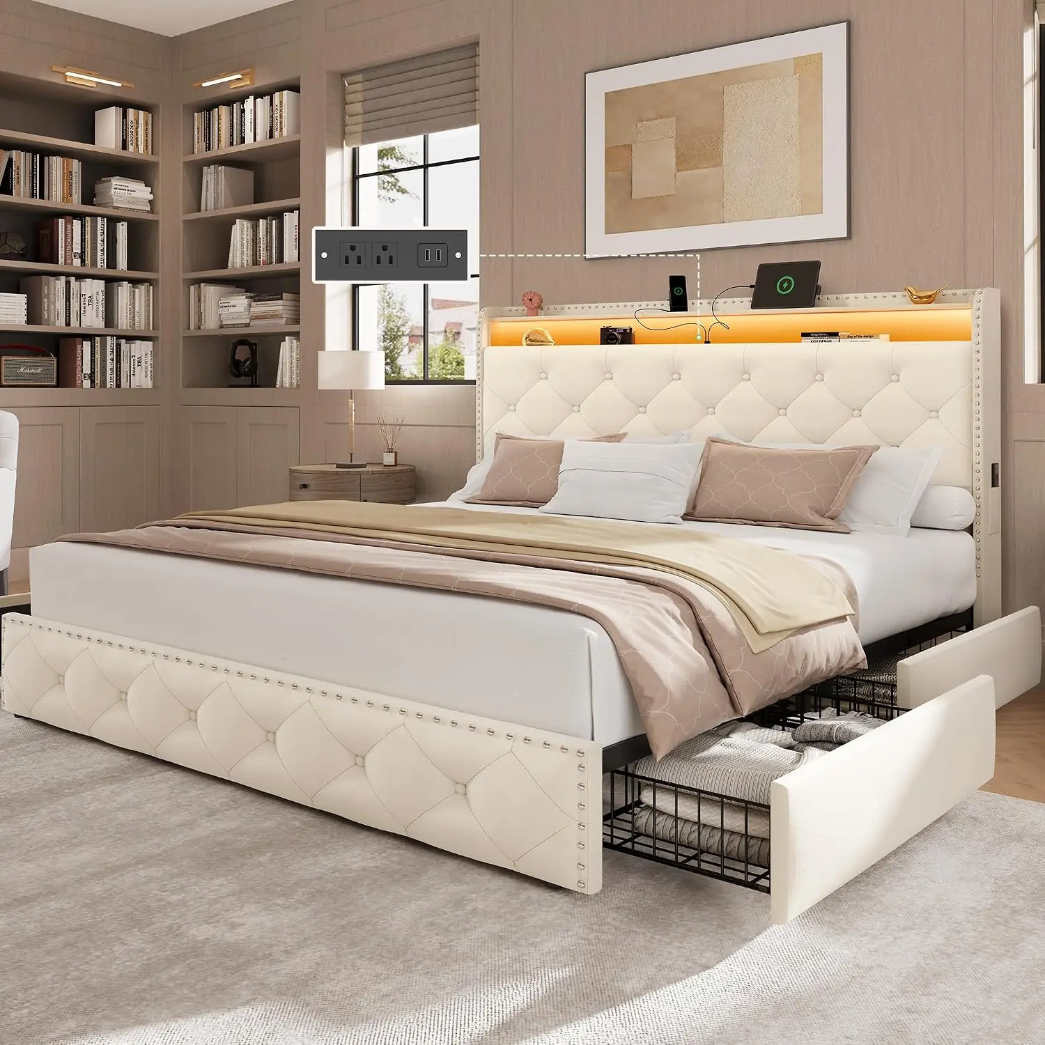 Queen Bed Frame with 4 Drawers & Charging Station, Velvet Platform with LED Headboard, No Box Spring, Beige, Customized