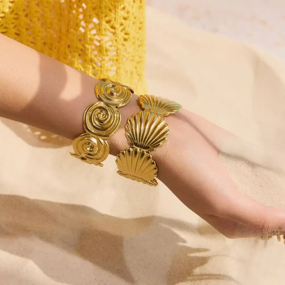 

Vacation Style Wide Bangle Europe American Style Minority Design Metal Cuff Bangles 18K Gold Irregular Shape