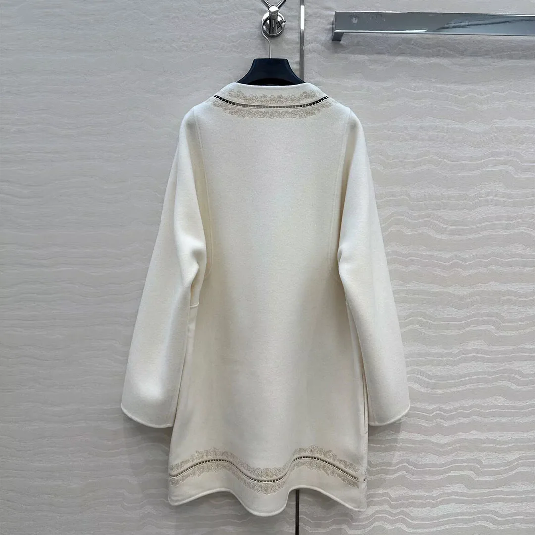 新しい冬ウールカシミヤ両面ウールロングコート女性花刺繍 O ネック長袖シングルブレストヴィンテージジャケット