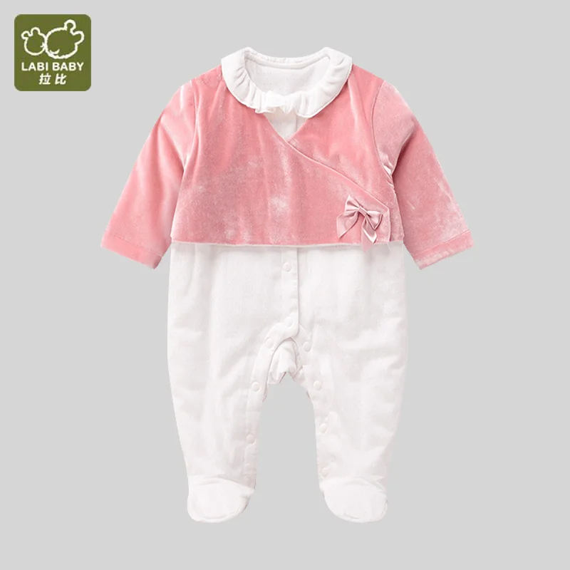 

LABI BABY Newborn Girls Clothes Rompers Long Sleeve Onesies Warm Plush Overall Jumpsuits Cute Bow Infant Bodysuits 0-12 M