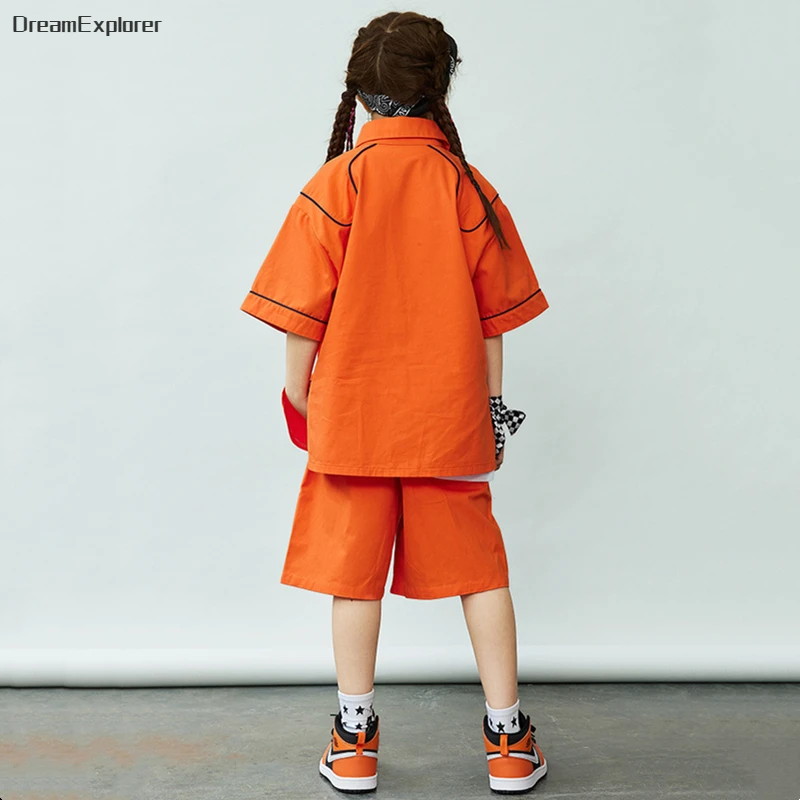 Boy Hip Hop Short Sleeved Orange Shirt Street Dance Shorts Clothes Sets Girls Blouse Children Summer Streetwear Kids Costumes