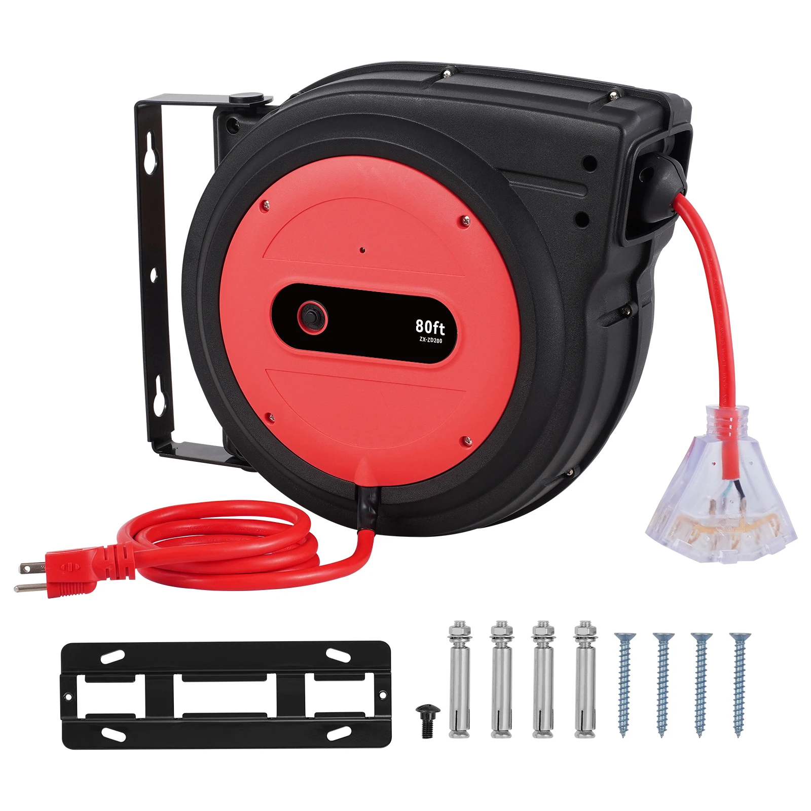 Retractable Extension Cord Reel, 80 FT, Heavy-Duty 12AWG/3C SJTOW Retractable Power Cord with Lighted Triple Tap Outlet, 15 Amp Circuit Breaker 180 °   Swivel Bracket for Ceiling or Wall Mount