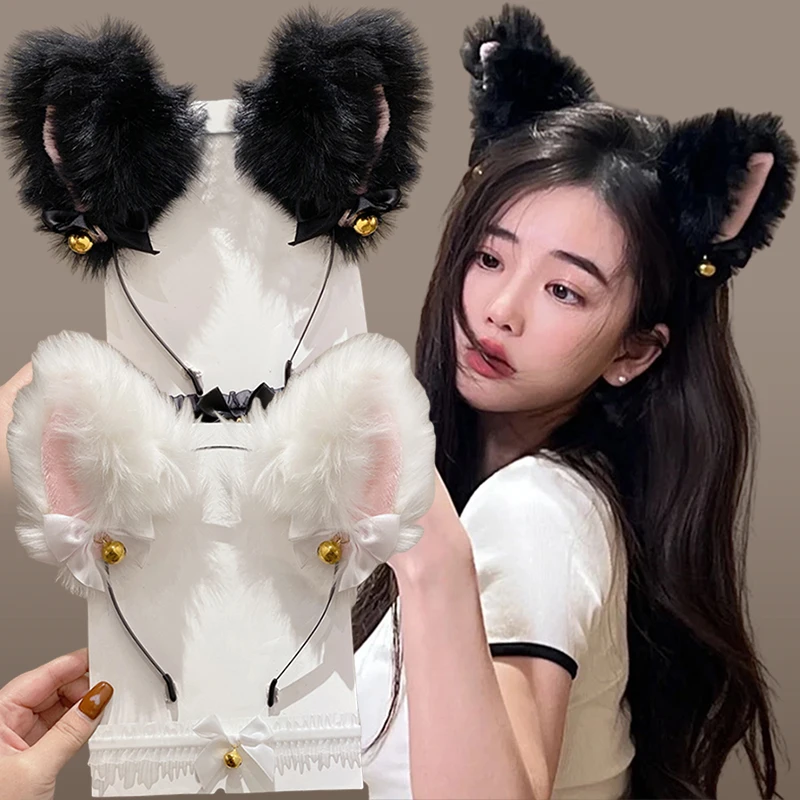 1 Set Women Girls Sexy Cat Ears Headband Lace Bow Necklace Plush Bell Hairband Cosplay Masquerade Party Costume Hair Accessories