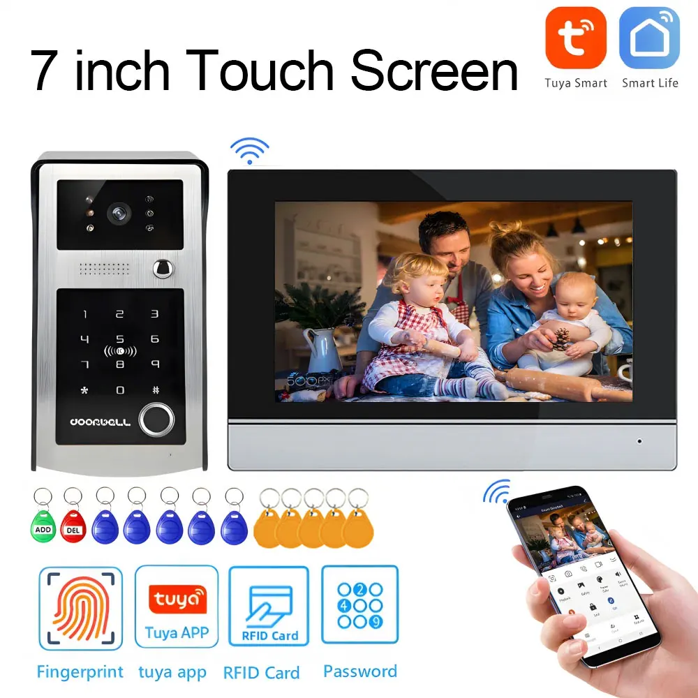 Wifi Tuya 7 Inch Touch Screen Wifi Video Doorbell Smart Home Video Intercom Kit Add HD Camera APP Fingerprint Password Unlock