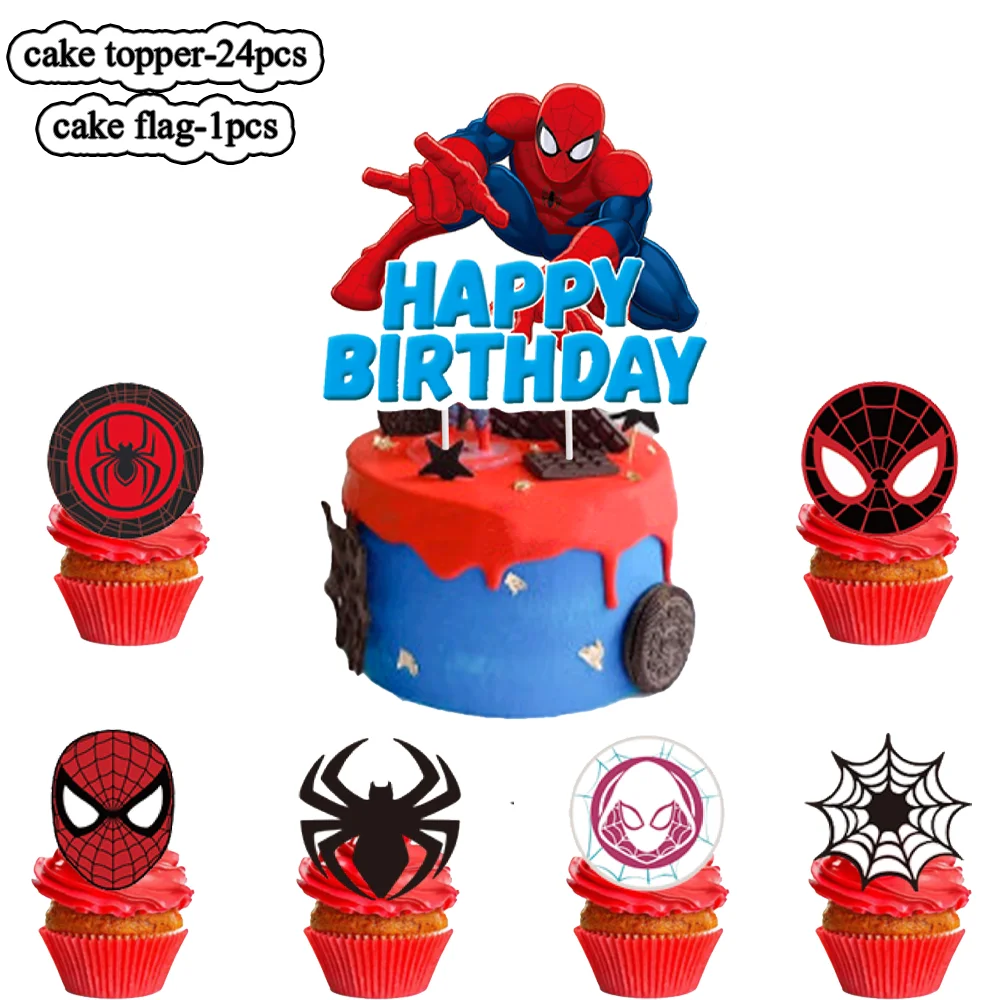 Spider Man Marvel Theme Cake Toppers Decoration for Children\'s Birthday Party Avengers Party Handmade Cupcake Dessert Flag