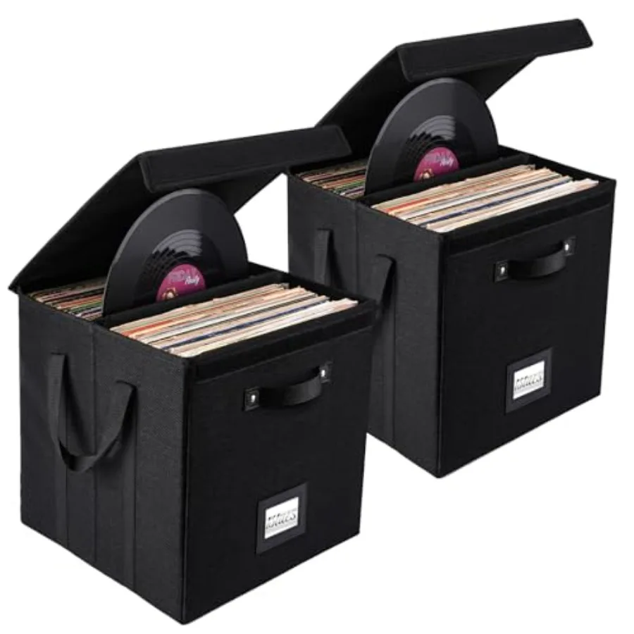 

Vinyl Record Storage Box - 3 Inch Linen Fabric Case for 0+ LP Albums Stackable and Collapsible Organizer Crate Cube Bins with L