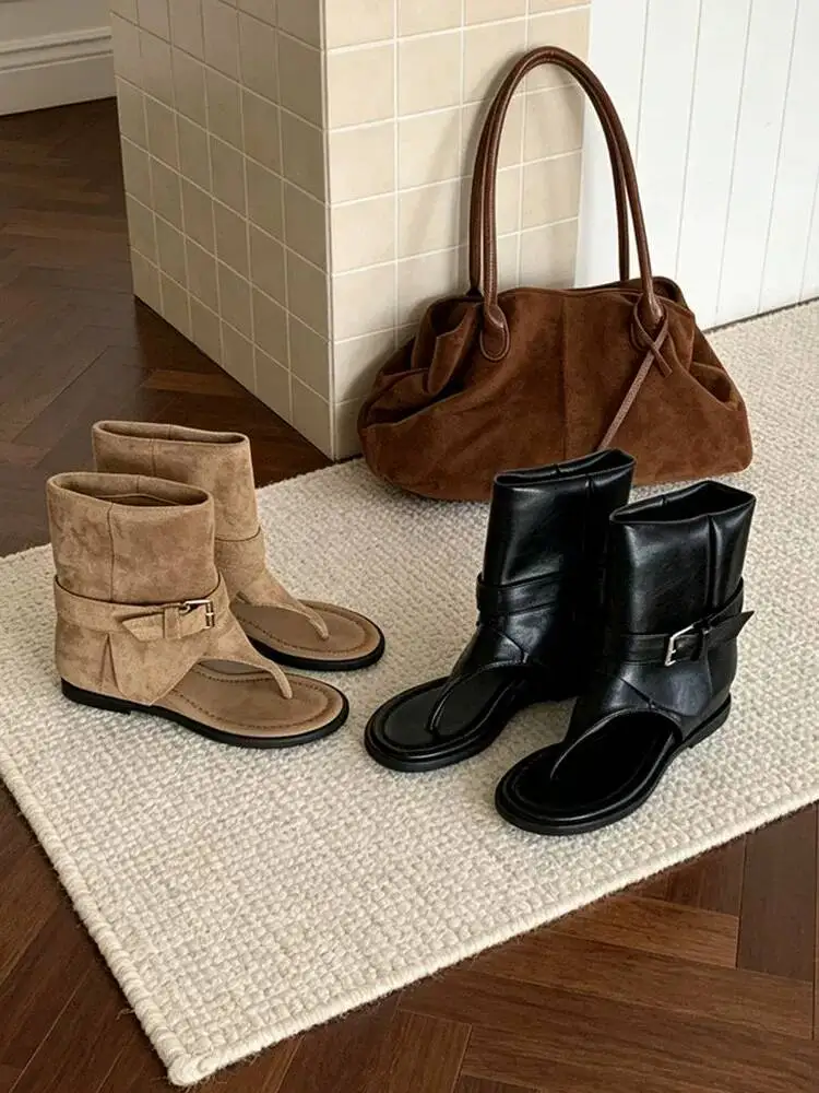 Immagine 3: Sandali Stivali Vintage 2026 da Donna in Ecopelle con Fibbia, Plateau, Scarpe Romane con Tacco Nascosto, Antiscivolo, Calzature Estive di Tendenza
