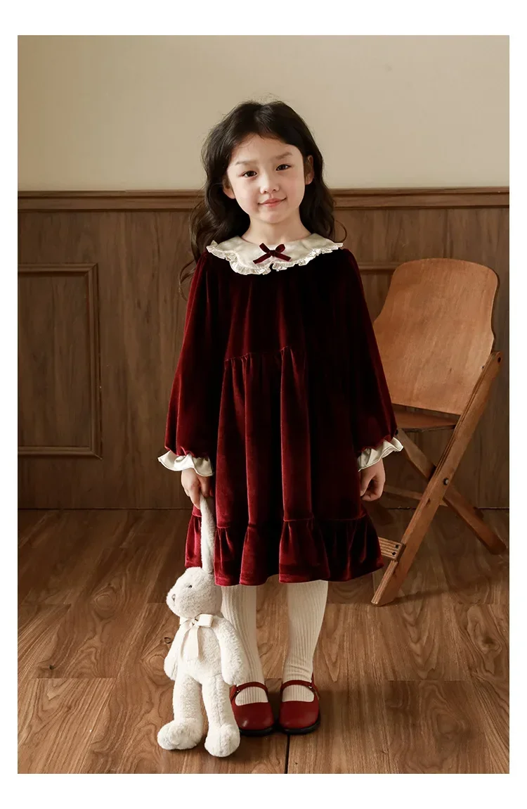 Girl Dress Girls Lapel Lace Dress 2023 Winter New Children Cashmere Warm Princess Skirt Baby Long Skirt Girl Clothes