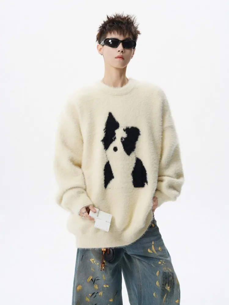 Oversized Vintage Cartoon Dog Knit Sweater Men Women Winter Heavyweight Loose Fit Crewneck Retro Casual Versatile Pullover Top