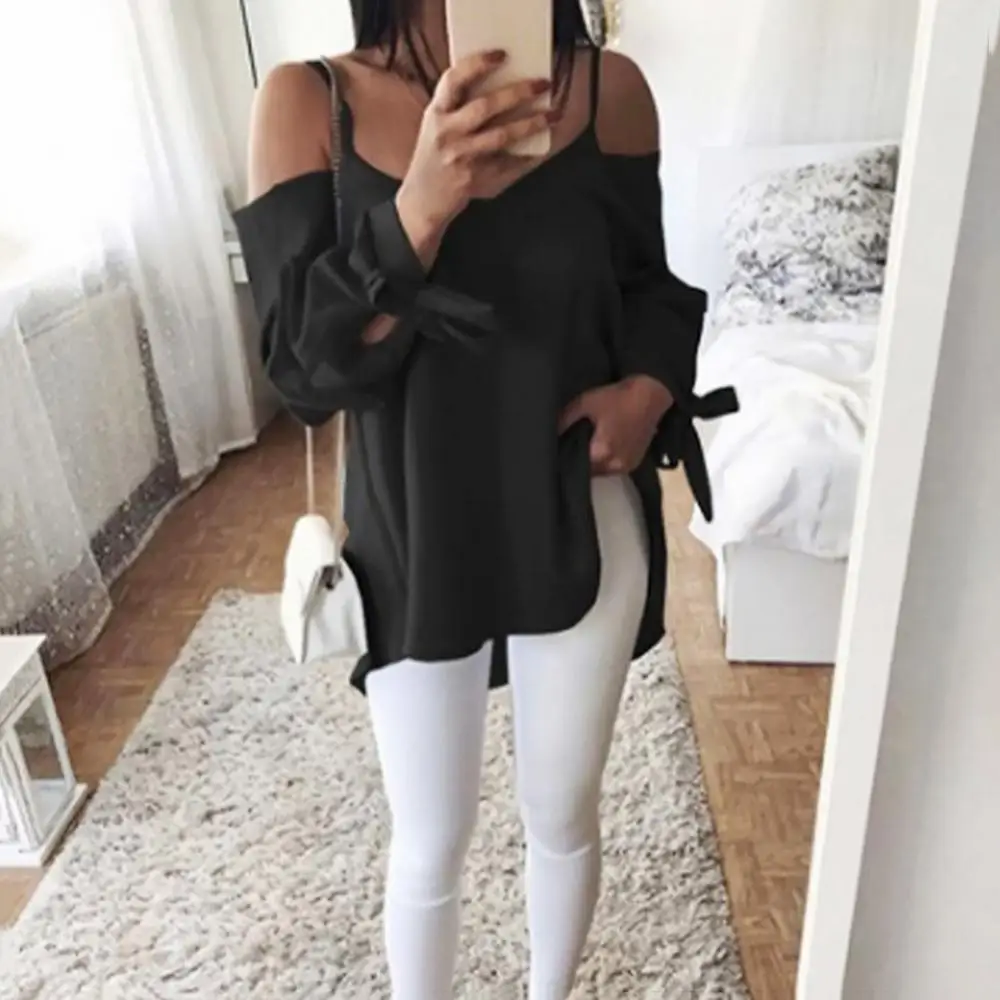 Sexy Women Sling Long Sleeve Blouse Loose Shirt Plus Size Solid Color Off Shoulder Sexy Knotted Comfortable