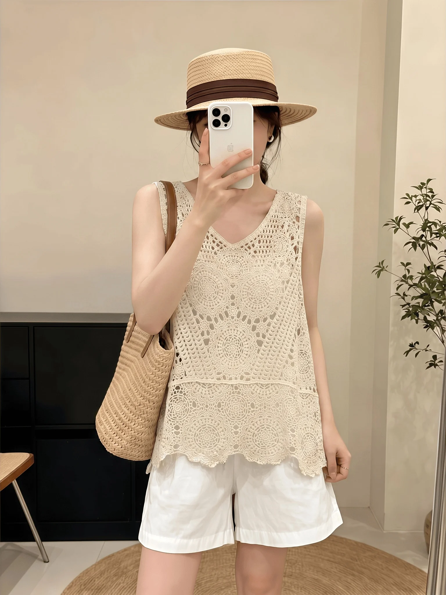 Bohemian Style Hook Flower V-Neck Women's Tank Top Summer New plus Size Outdoor Wear Casual Comfortable Loose Fit Blouse