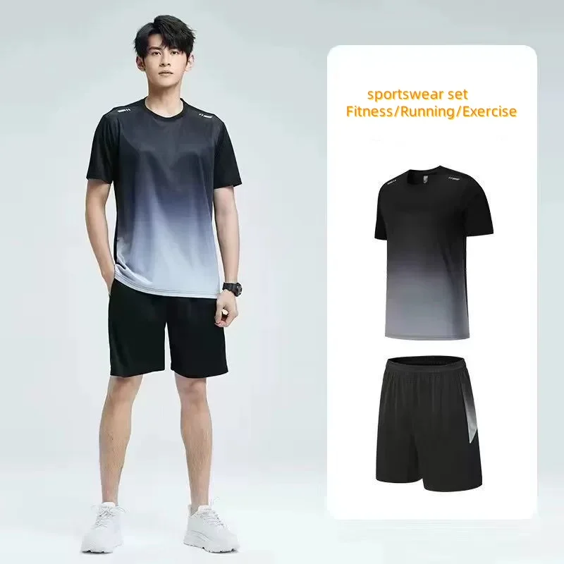 Traje deportivo de secado rápido de manga corta degradado para hombre de verano, traje para correr a la moda para mujer, traje de playa de dos piezas
