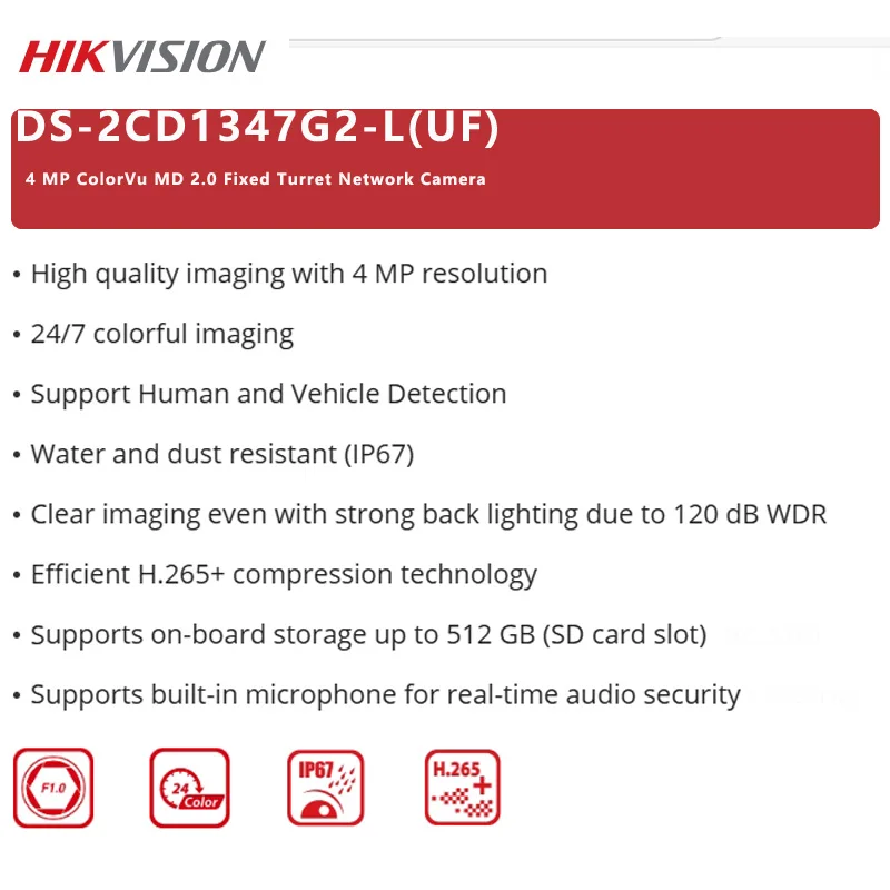 Hikvision 4 MP ColorVu MD 2.0 Fixed Turret IP Camera  Smart Home Built-in Mic H.265+ POE DS-2CD1347G2-LUF Security Protection