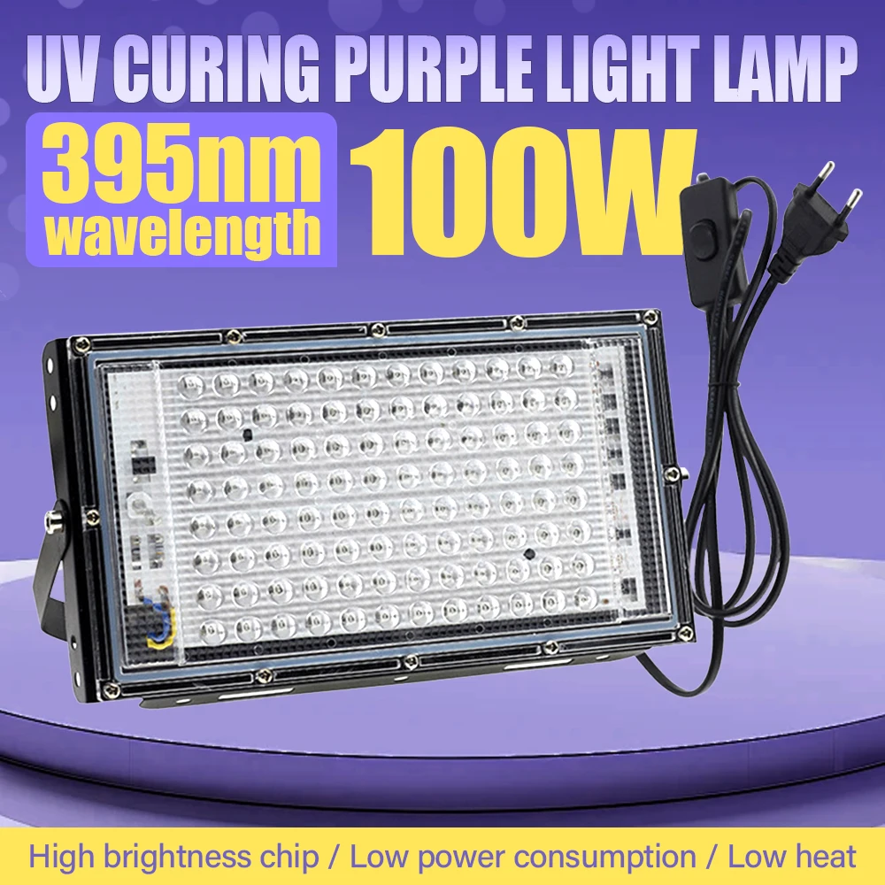 

УФ-прожектор LED 395-400 нм, 220 В, 100 Вт, ультрафиолетовая сценическая лампа, водонепроницаемый светодиодный черный свет для дискотек и вечеринок