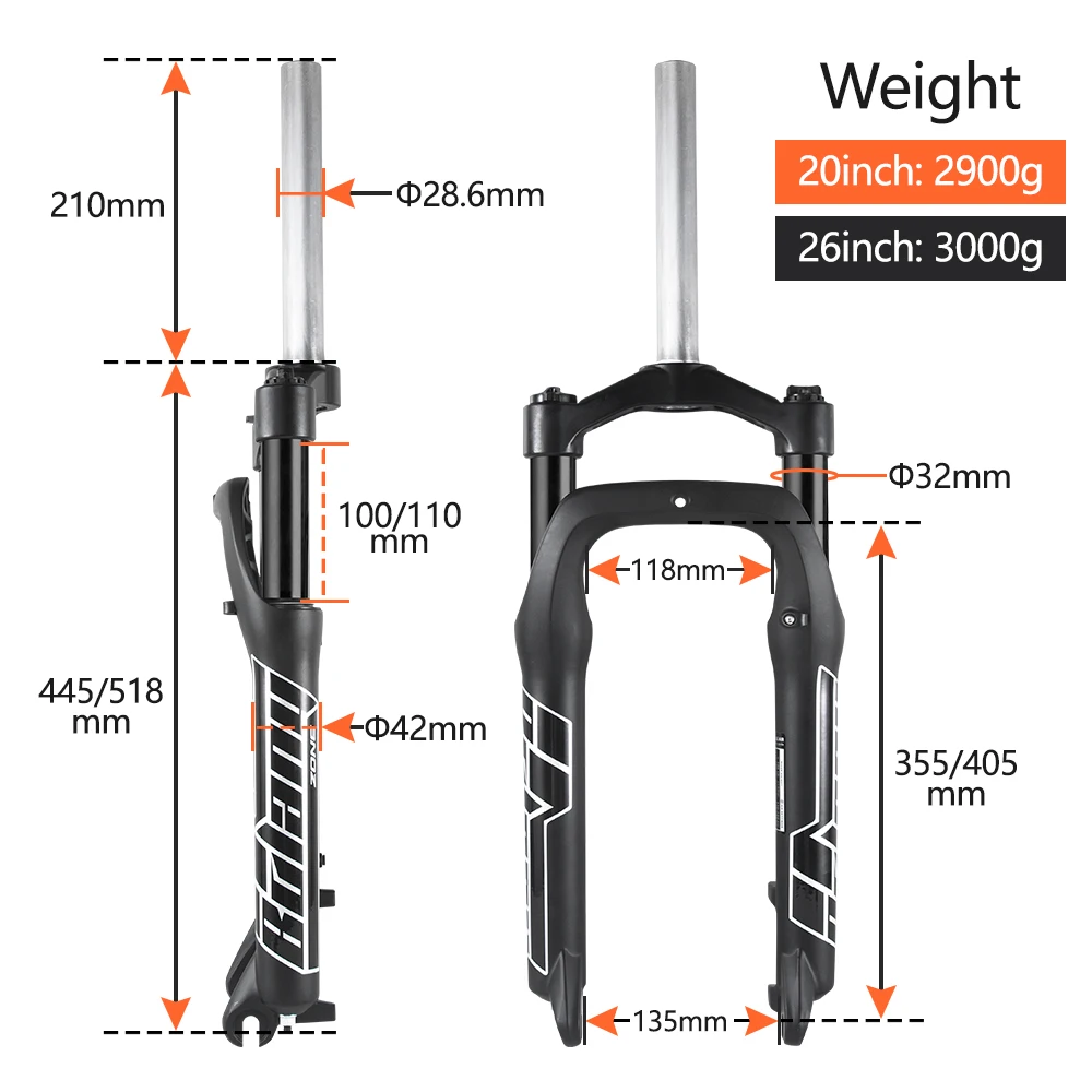 BOLANY-Spring Mechanical Forks for Snow Bike,Beach Bicycle,Shock Absorption,E-Bike Accessories,4.0 Fat Tire,135mm,20in, 26in