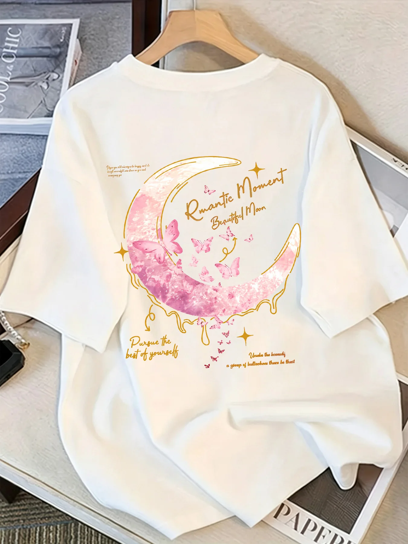 【SYJ082016】 women's T-shirt with butterfly print under the crescent moon summer casual round-neck large-size women's top