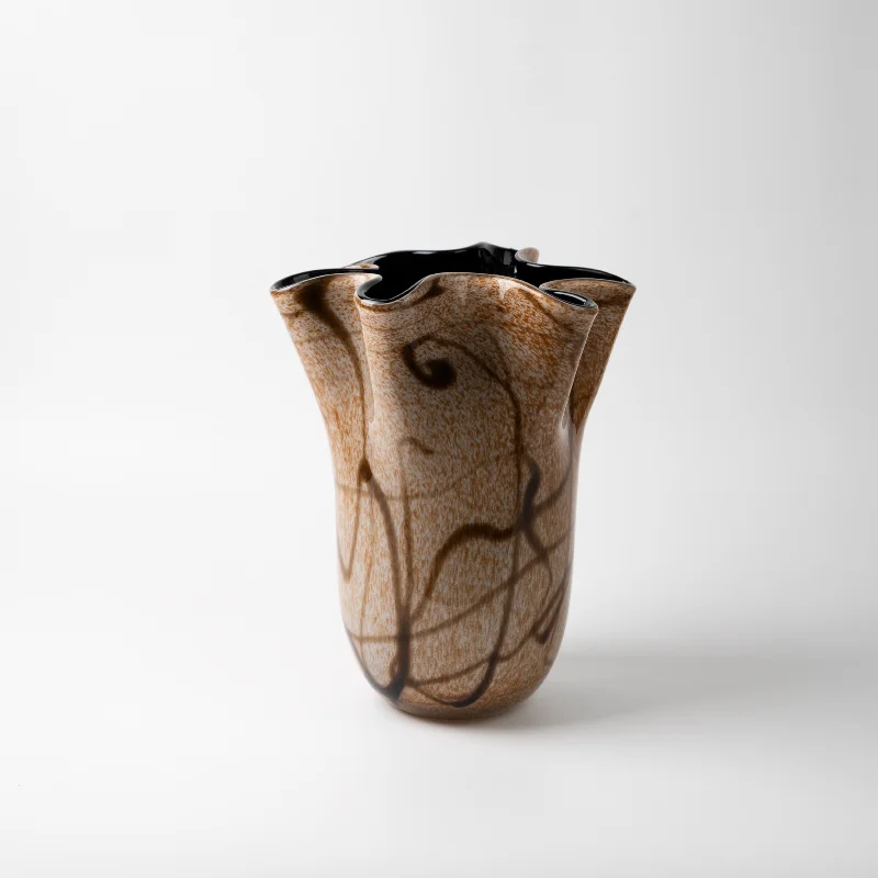 

Medieval style brown irregular stripes large mouth glazed vase creative light luxury model room surprise quiet wind art soft dec