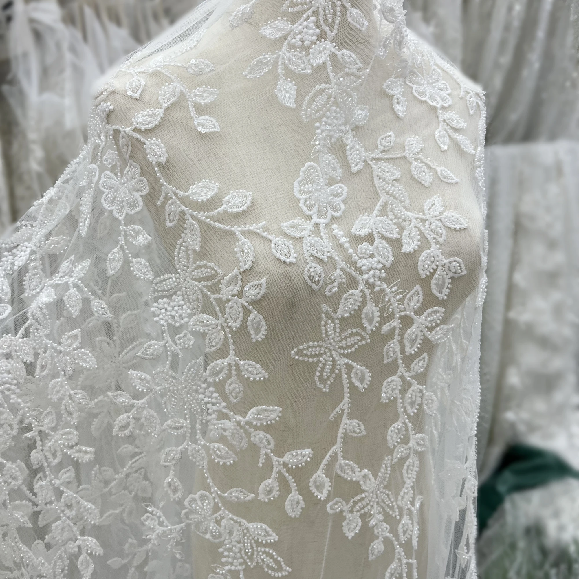 Unique Layered Design Delicate Sequins Beads Embroidery Wedding Dresses Women's Clothing Lace Fabrics