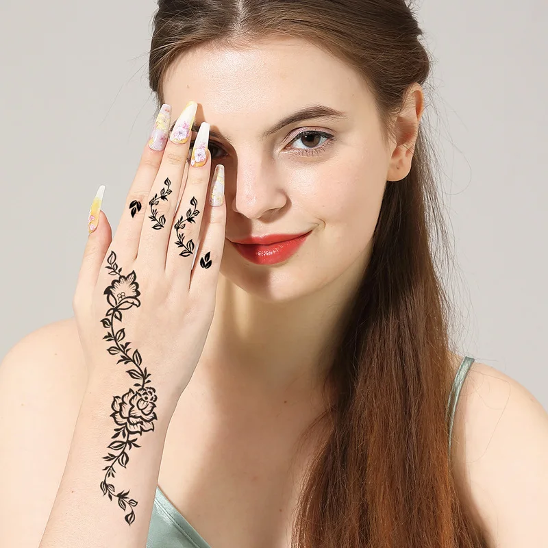 Black Henna Sticker Waterproof Temporary Tattoos for Women Body Art Henna Design Stickers for Hand Flower Mehndi Tatoo Fake