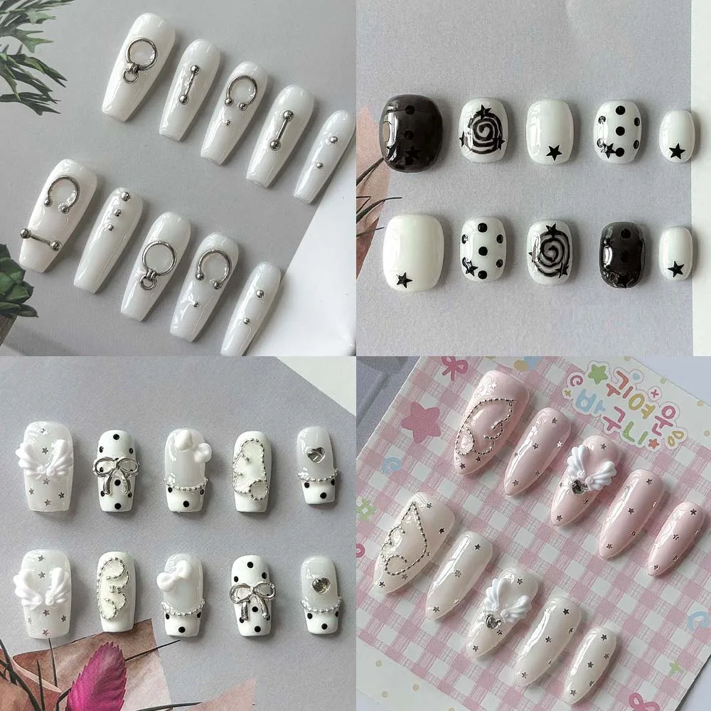 

Kawai Sweet Retro Princess Star Wings Press On Nails Art Y2K Handmade Simple Dots Pearl Stars Diamond Fake Nails Gift
