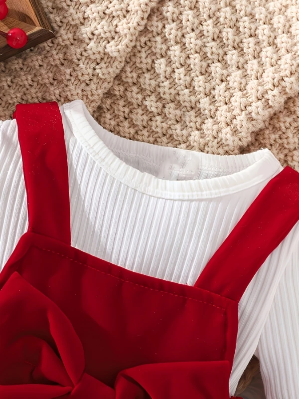 ربيع الخريف طفلة جولة الرقبة طويلة الأكمام مثلث رومبير الأحمر المخملية فراشة عقدة فستان بحزام عارضة قطعتين مجموعة