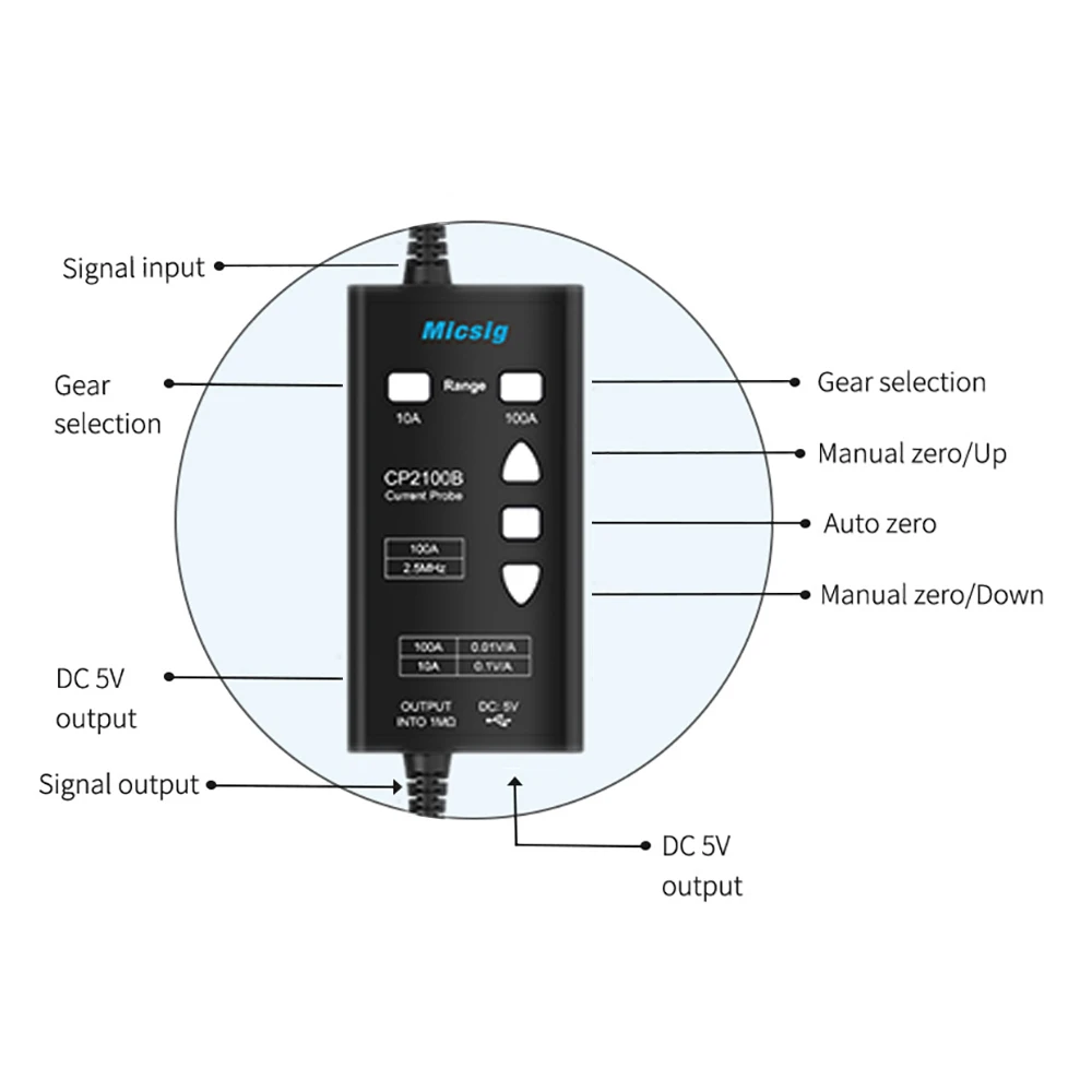 Imagem -03 - Sondas de Corrente Micsig Cp2100a Cp2100b 2.5mhz 10a 100a 100a Medição Máxima Braços dc Mais Acpk