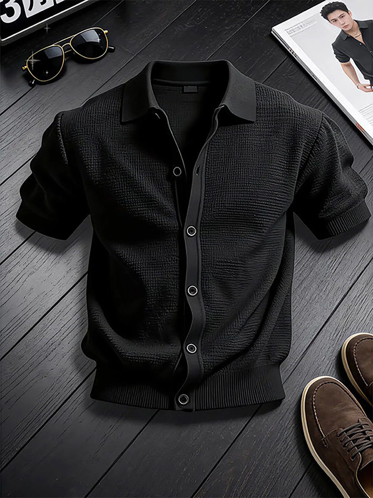 Black Knitted Short Sleeve Men's Shirt Cleanfit Half Sleeve T-Shirt Open Cardigan Summer Fashion Casual Youth Style