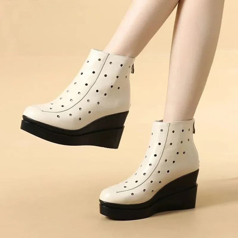 2025 الصيف جوفاء النساء حذاء من الجلد سستة لينة صنادل مماشي للموضة أسافين منصة المرأة جلد طبيعي أحذية السيدات #6